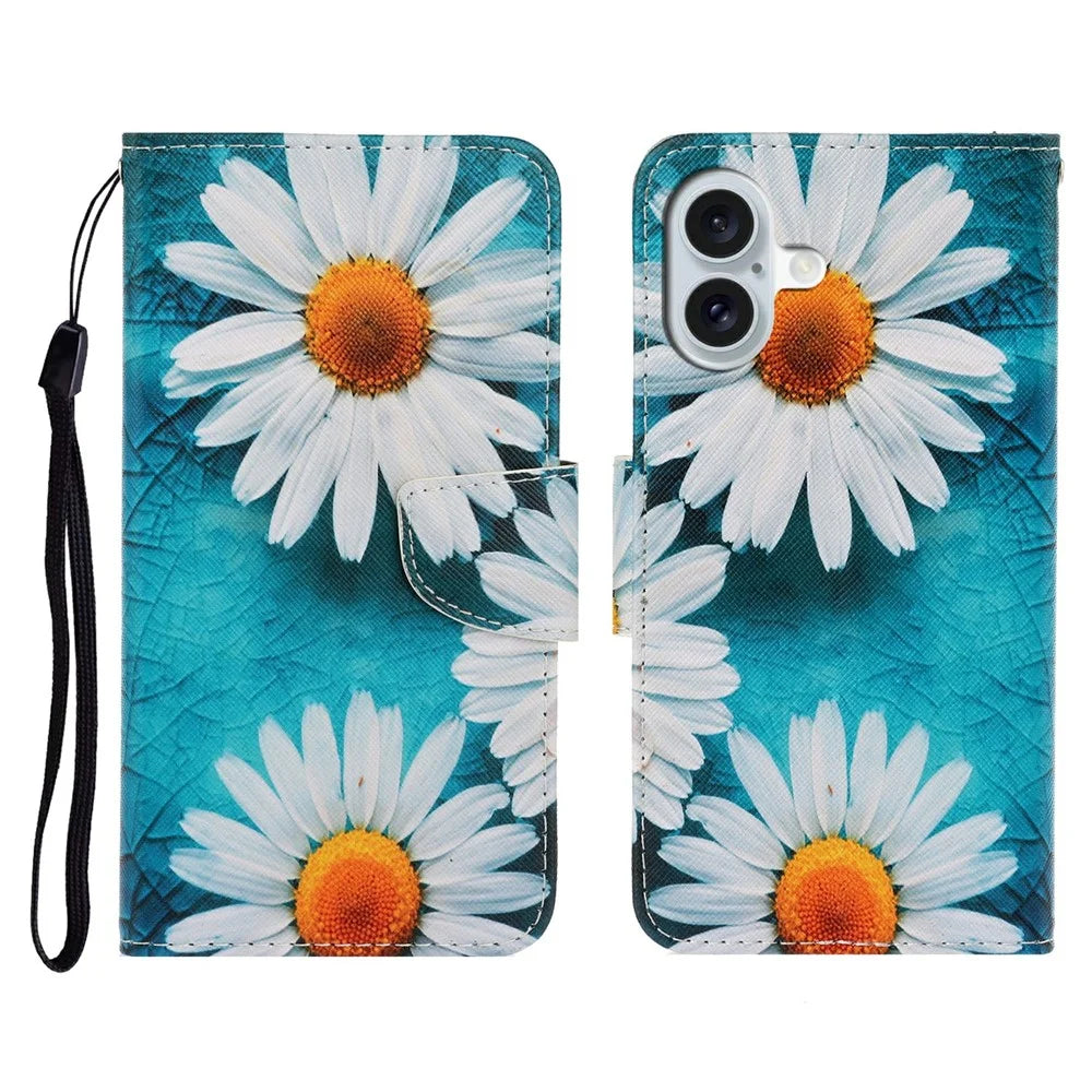 For iPhone 17 Case Pattern Printing Protective Leather Folio Phone Cover with Wrist Strap - Chrysanthemum - 1