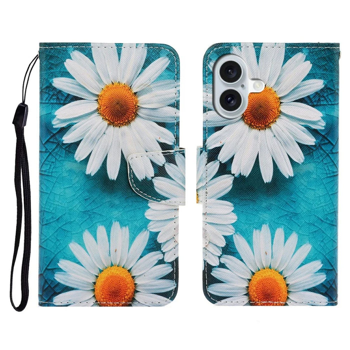 For iPhone 17 Case Pattern Printing Protective Leather Folio Phone Cover with Wrist Strap - Chrysanthemum - 1