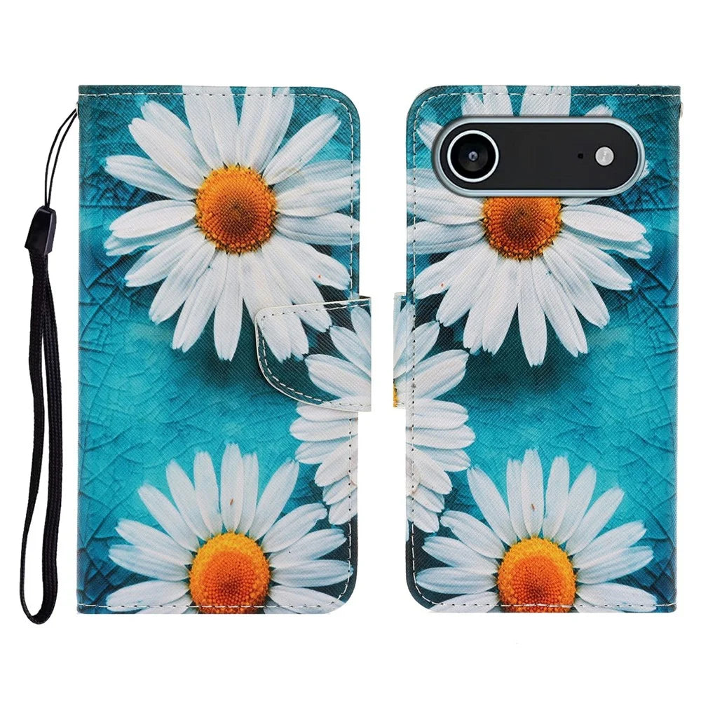 For iPhone Air Case Pattern Printing Protective Leather Folio Phone Cover with Wrist Strap - Chrysanthemum - 1