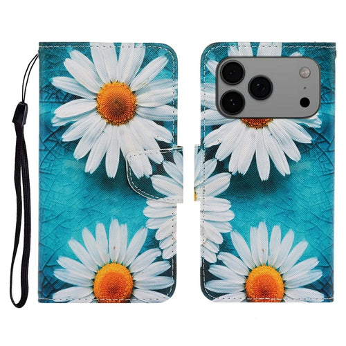 For iPhone 18 Pro Max / 17 Pro Max Case Pattern Printing Protective Leather Folio Phone Cover with Wrist Strap - Chrysanthemum - 1