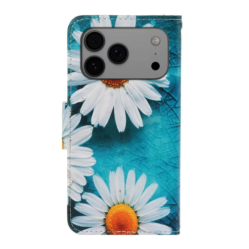 For iPhone 18 Pro Max / 17 Pro Max Case Pattern Printing Protective Leather Folio Phone Cover with Wrist Strap - Chrysanthemum - 7