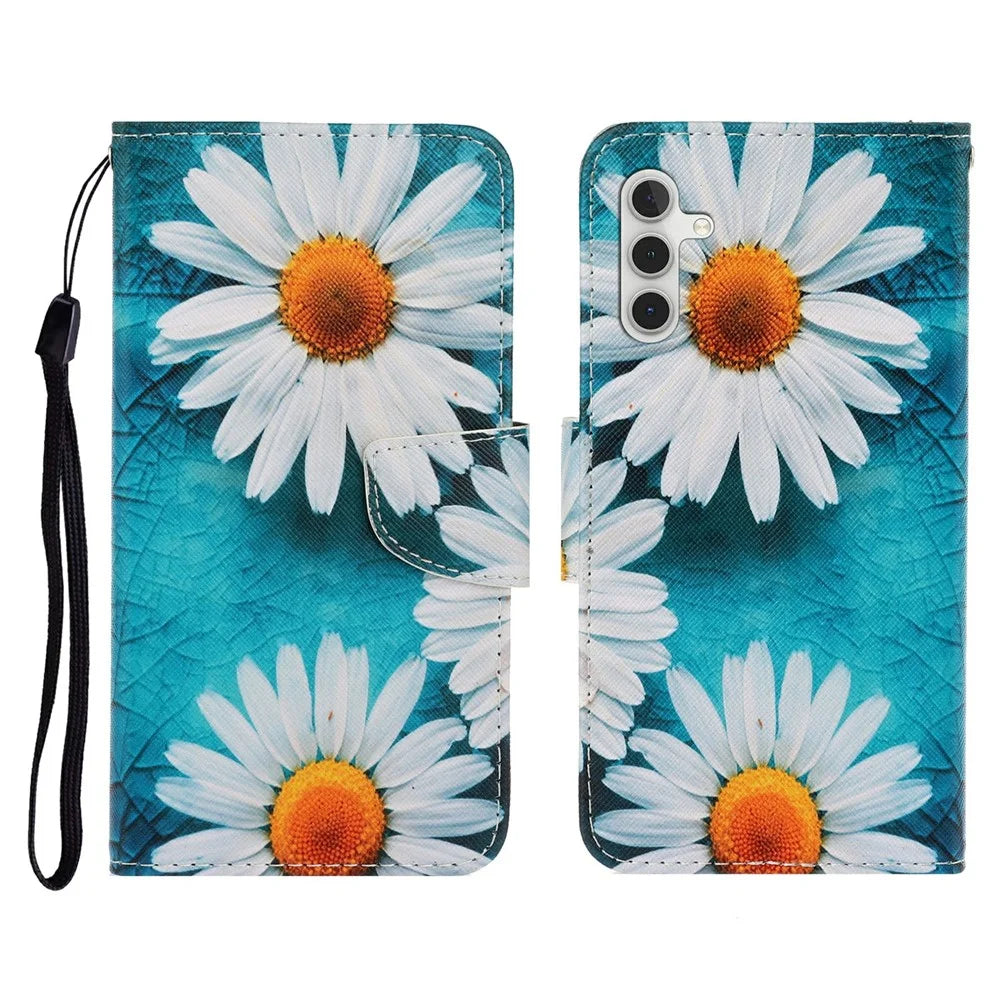 For Samsung Galaxy S25 FE Case Pattern Printing Protective Leather Folio Phone Cover with Wrist Strap - Chrysanthemum - 1