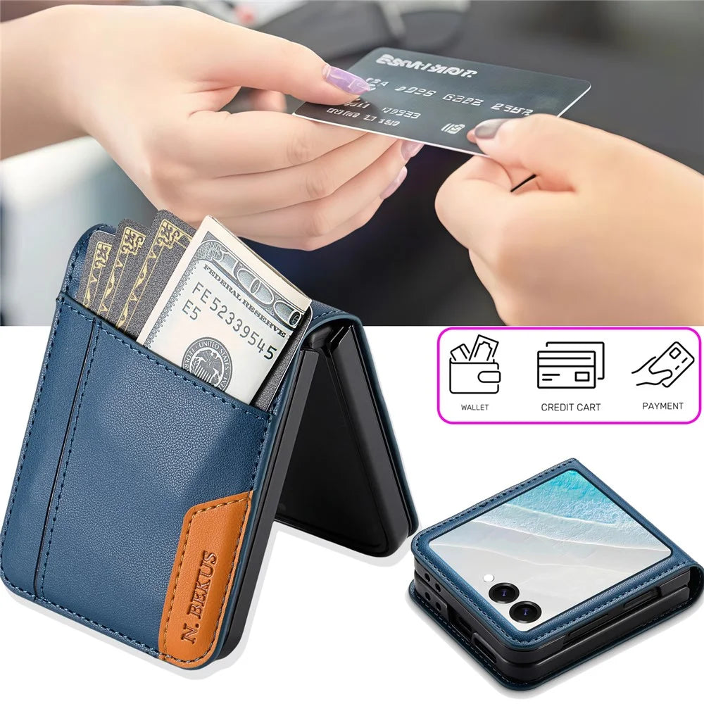 N.BEKUS For Samsung Galaxy Z Flip7 5G Case Card Slot PU + PC Phone Back Cover - Blue - 7