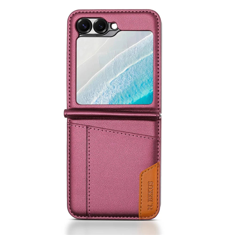 N.BEKUS For Samsung Galaxy Z Flip6 5G / Flip7 FE 5G Case Card Slot PU + PC Phone Back Cover - Wine Red - 2