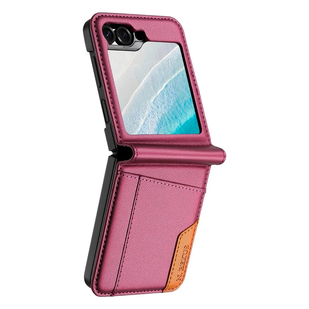 N.BEKUS For Samsung Galaxy Z Flip6 5G / Flip7 FE 5G Case Card Slot PU + PC Phone Back Cover - Wine Red - 5