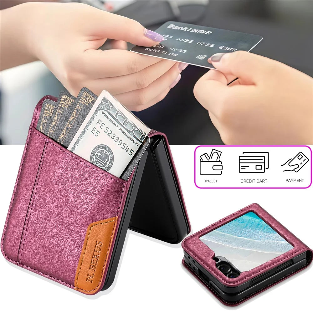 N.BEKUS For Samsung Galaxy Z Flip6 5G / Flip7 FE 5G Case Card Slot PU + PC Phone Back Cover - Wine Red - 7