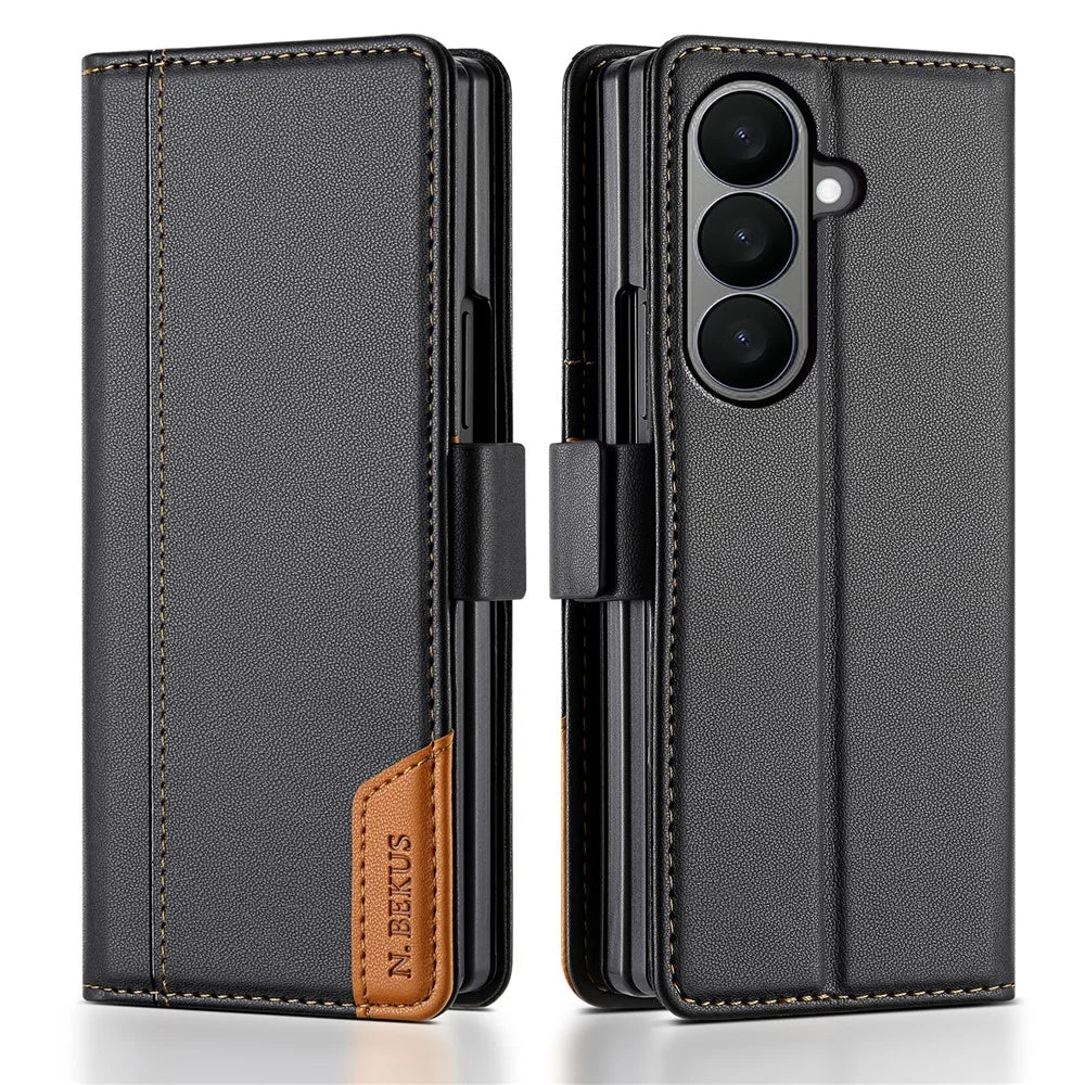 N.BEKUS For Samsung Galaxy Z Fold7 5G Stand Case RFID Blocking PU Leather Wallet Phone Cover - Black - 1