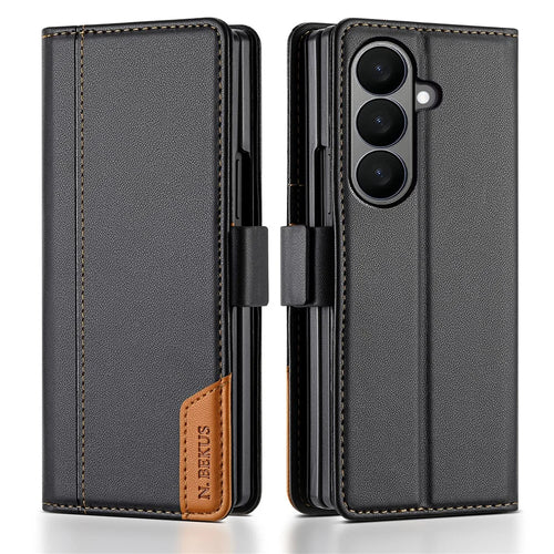 N.BEKUS For Samsung Galaxy Z Fold7 5G Stand Case RFID Blocking PU Leather Wallet Phone Cover - Black - 1