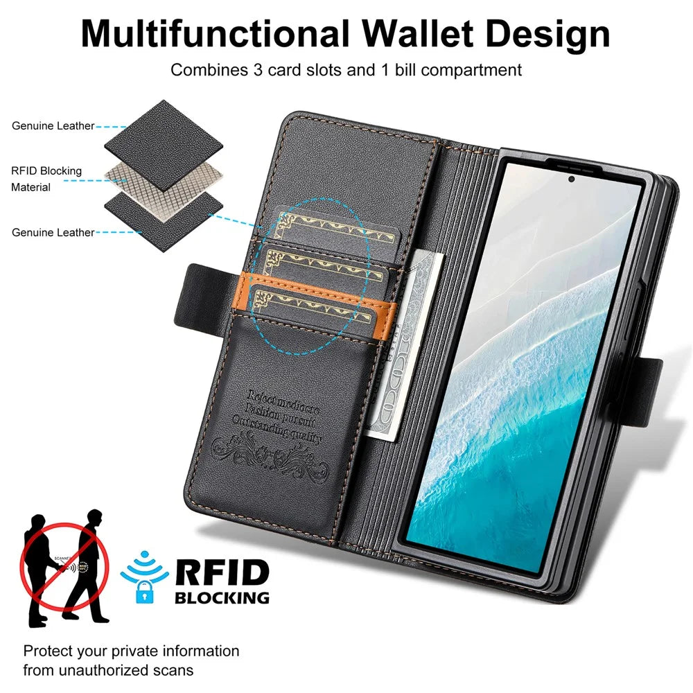 N.BEKUS For Samsung Galaxy Z Fold7 5G Stand Case RFID Blocking PU Leather Wallet Phone Cover - Black - 5