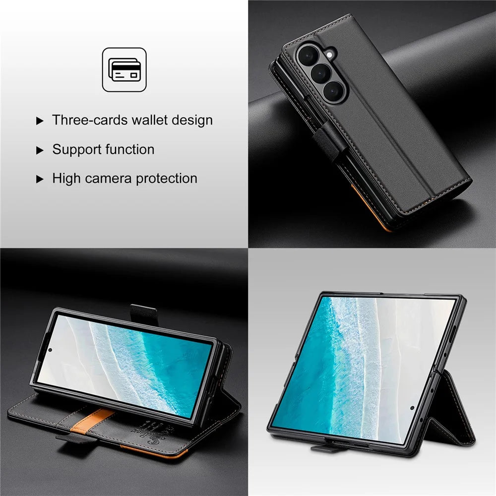 N.BEKUS For Samsung Galaxy Z Fold7 5G Stand Case RFID Blocking PU Leather Wallet Phone Cover - Black - 6