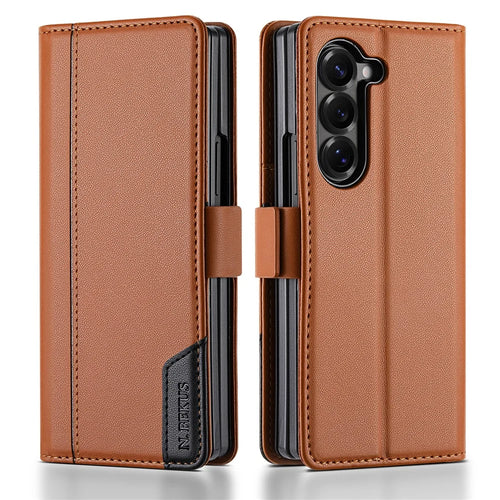 N.BEKUS For Samsung Galaxy Z Fold6 5G Stand Case RFID Blocking PU Leather Wallet Phone Cover - Brown - 1