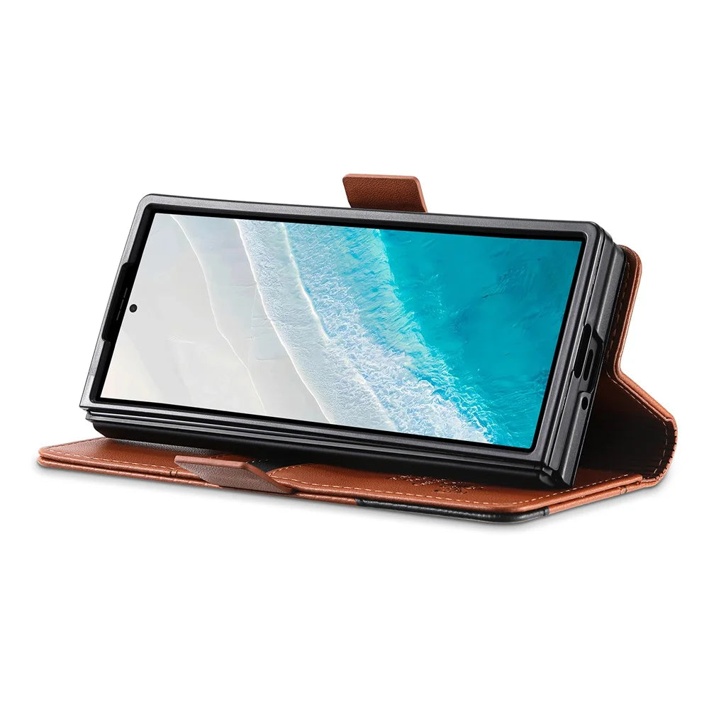 N.BEKUS For Samsung Galaxy Z Fold6 5G Stand Case RFID Blocking PU Leather Wallet Phone Cover - Brown - 3