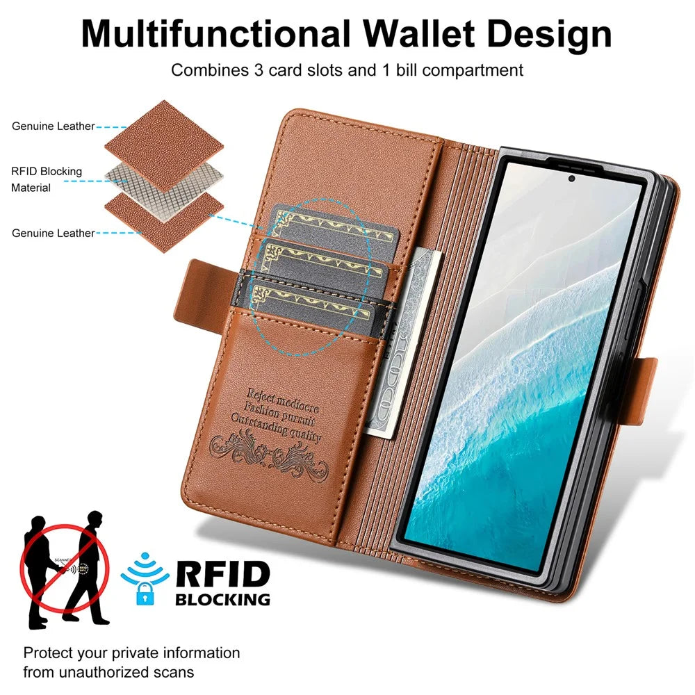 N.BEKUS For Samsung Galaxy Z Fold6 5G Stand Case RFID Blocking PU Leather Wallet Phone Cover - Brown - 5