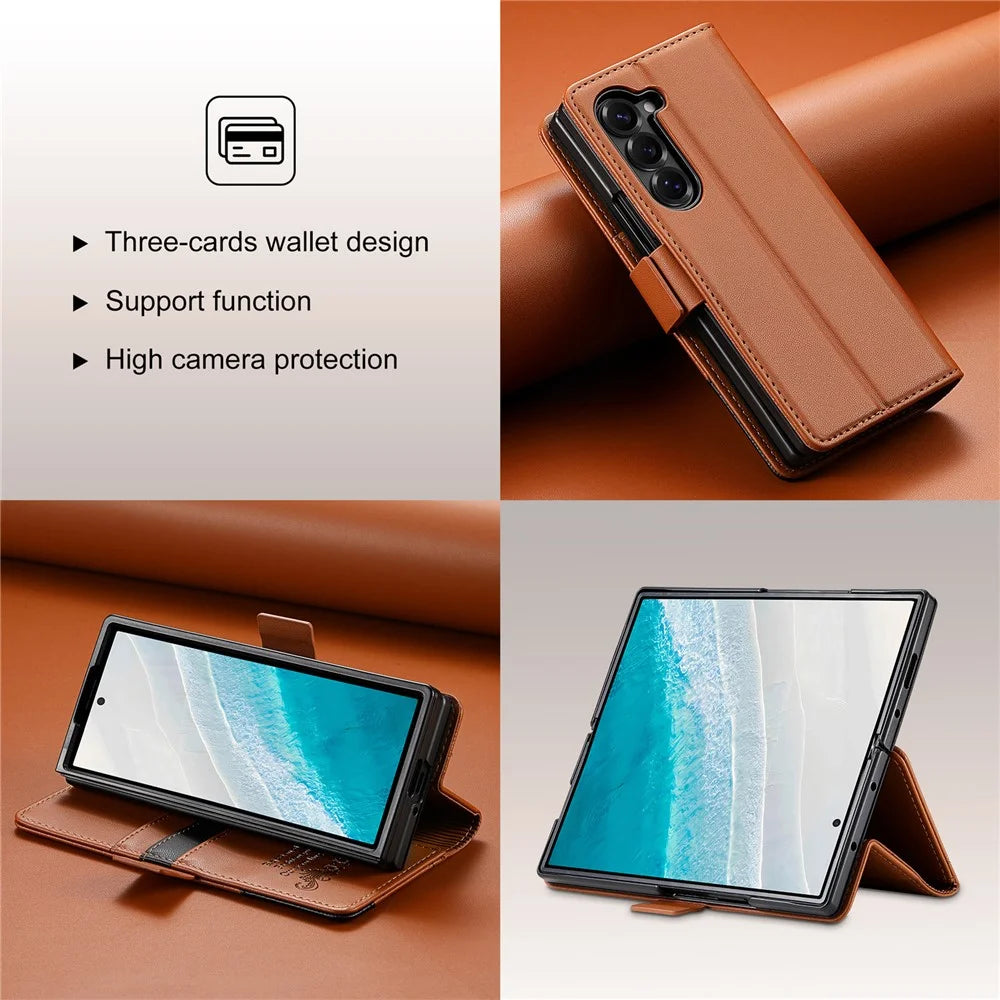 N.BEKUS For Samsung Galaxy Z Fold6 5G Stand Case RFID Blocking PU Leather Wallet Phone Cover - Brown - 6