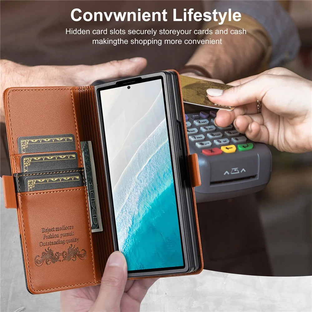 N.BEKUS For Samsung Galaxy Z Fold6 5G Stand Case RFID Blocking PU Leather Wallet Phone Cover - Brown - 7