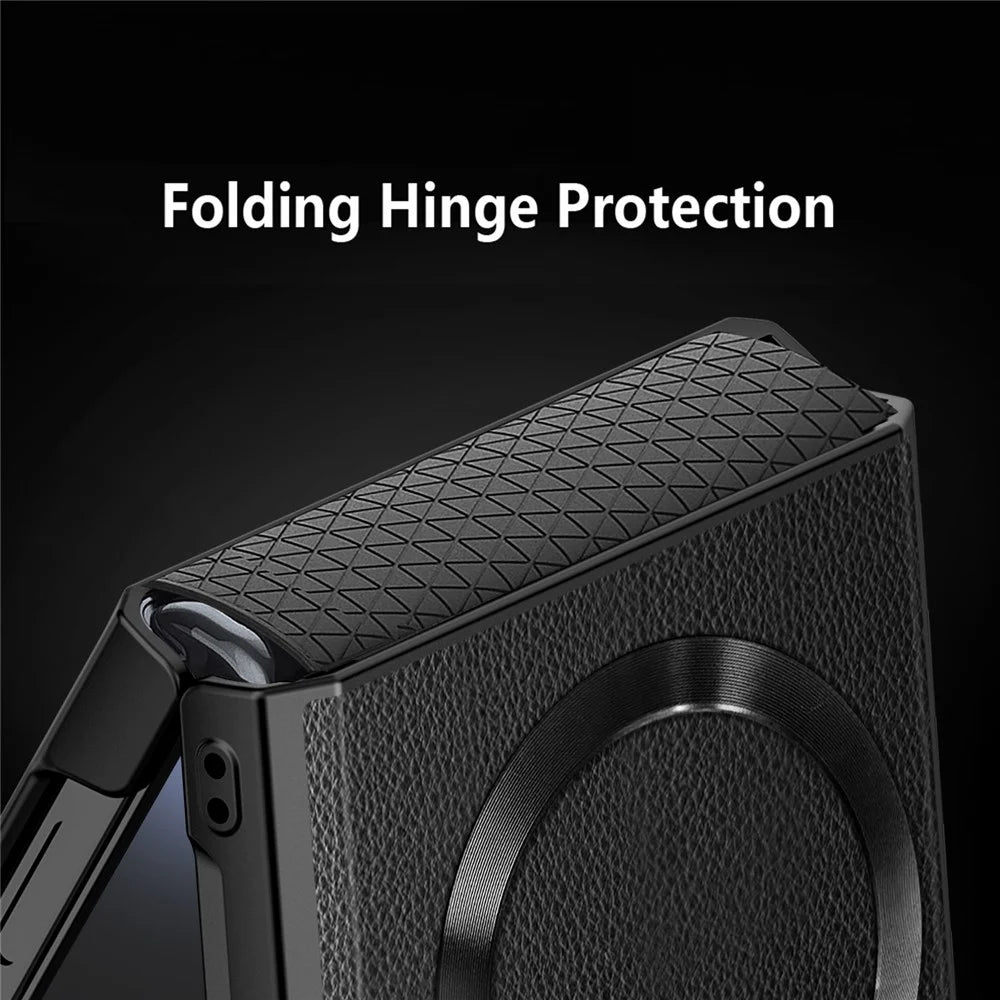 For Samsung Galaxy Z Flip7 5G Magnetic Case Kickstand PC+PU Phone Cover with Screen / Lens Film - Wheat Black - 3