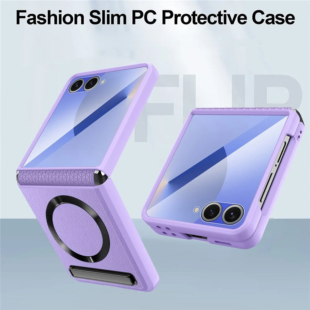 For Samsung Galaxy Z Flip7 5G Magnetic Case Kickstand PC+PU Phone Cover with Screen / Lens Film - Wheat Black - 4
