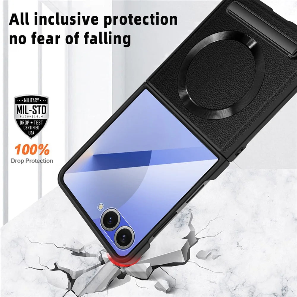 For Samsung Galaxy Z Flip7 5G Magnetic Case Kickstand PC+PU Phone Cover with Screen / Lens Film - Wheat Black - 5