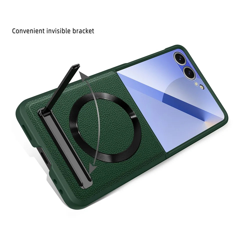 For Samsung Galaxy Z Flip7 5G Magnetic Case Kickstand PC+PU Phone Cover with Screen / Lens Film - Wheat Black - 6