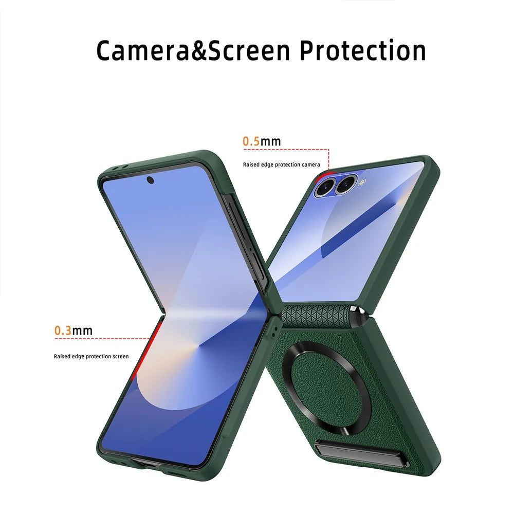 For Samsung Galaxy Z Flip7 5G Magnetic Case Kickstand PC+PU Phone Cover with Screen / Lens Film - Wheat Black - 7