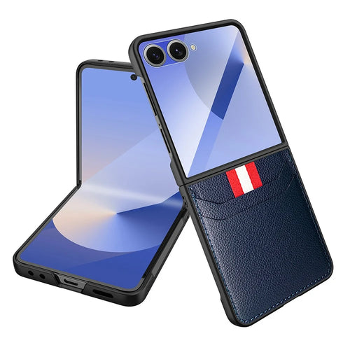 For Samsung Galaxy Z Flip7 5G Case Litchi Texture PU+PC Phone Cover with Screen / Lens Film - Blue - 1