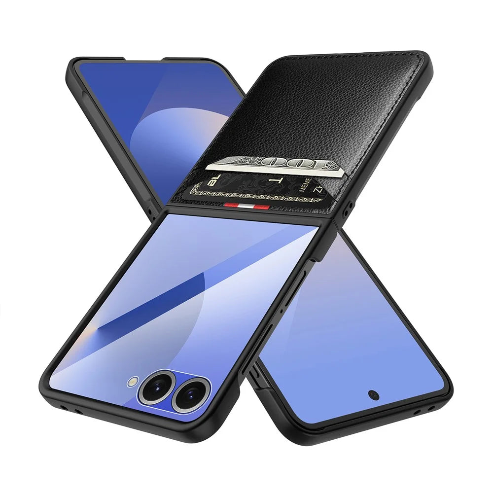 For Samsung Galaxy Z Flip7 5G Case Litchi Texture PU+PC Phone Cover with Screen / Lens Film - Blue - 5