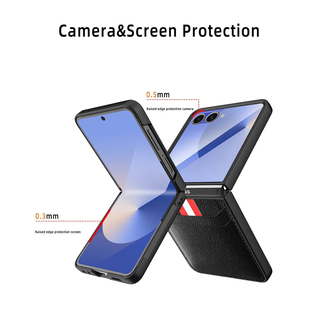 For Samsung Galaxy Z Flip7 5G Case Litchi Texture PU+PC Phone Cover with Screen / Lens Film - Blue - 6