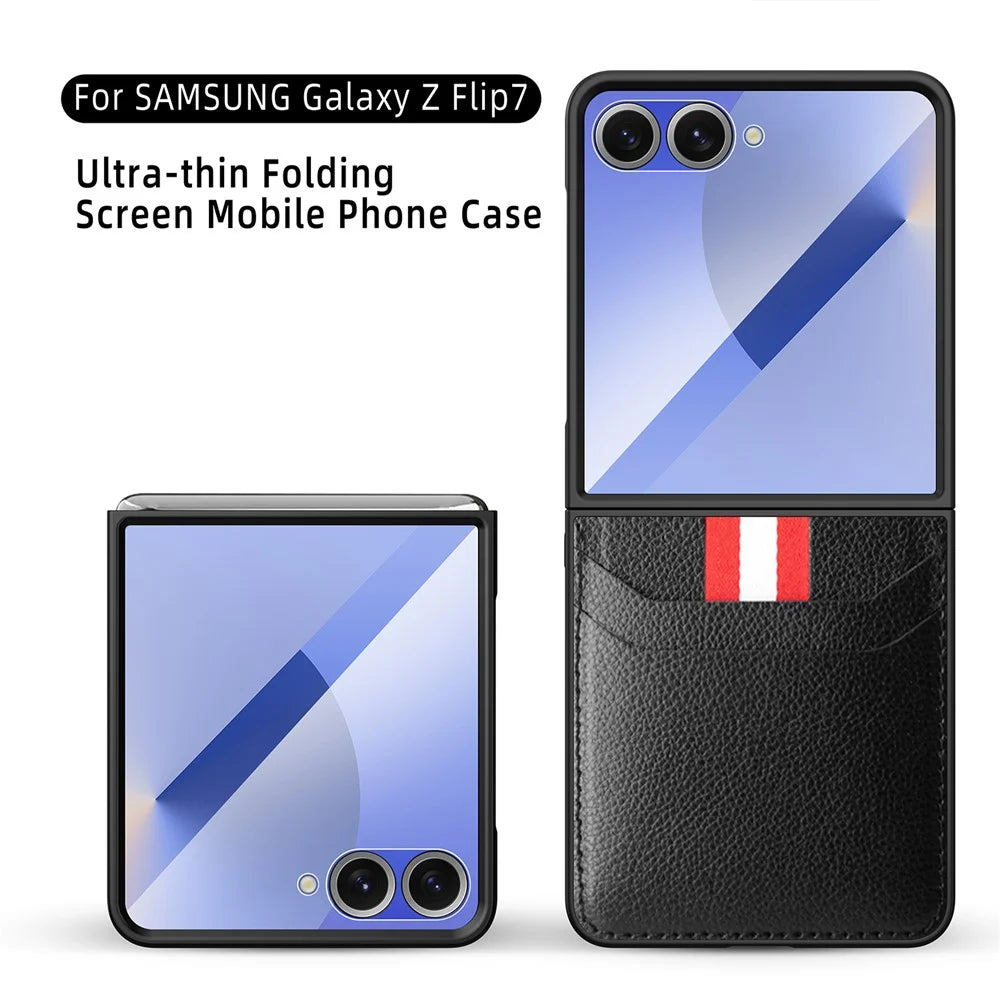 For Samsung Galaxy Z Flip7 5G Case Litchi Texture PU+PC Phone Cover with Screen / Lens Film - Blue - 7