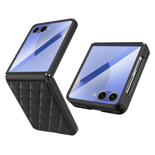 For Samsung Galaxy Z Flip7 5G Case Rhombus Imprint PU+Hard PC Phone Cover with Screen / Lens Film - Black - 1