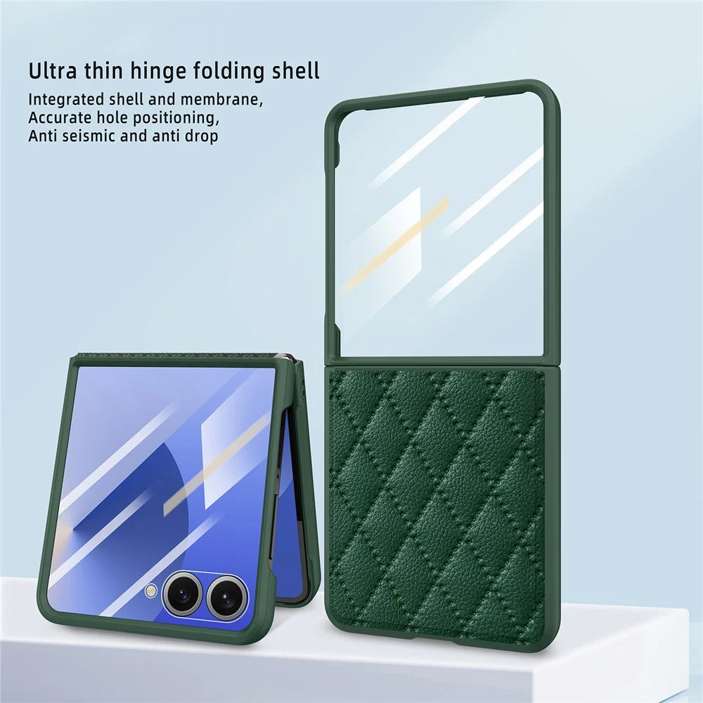 For Samsung Galaxy Z Flip7 5G Case Rhombus Imprint PU+Hard PC Phone Cover with Screen / Lens Film - Black - 3
