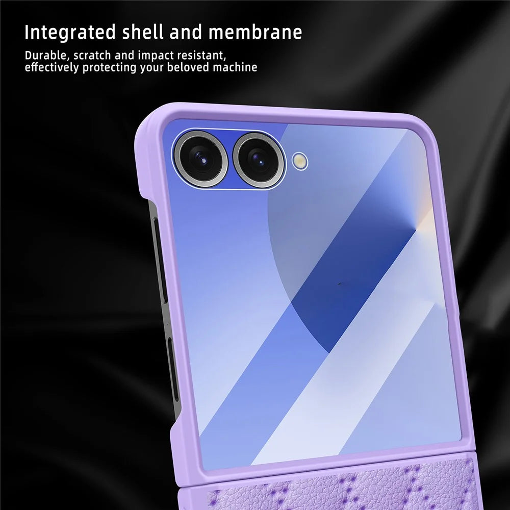 For Samsung Galaxy Z Flip7 5G Case Rhombus Imprint PU+Hard PC Phone Cover with Screen / Lens Film - Black - 5