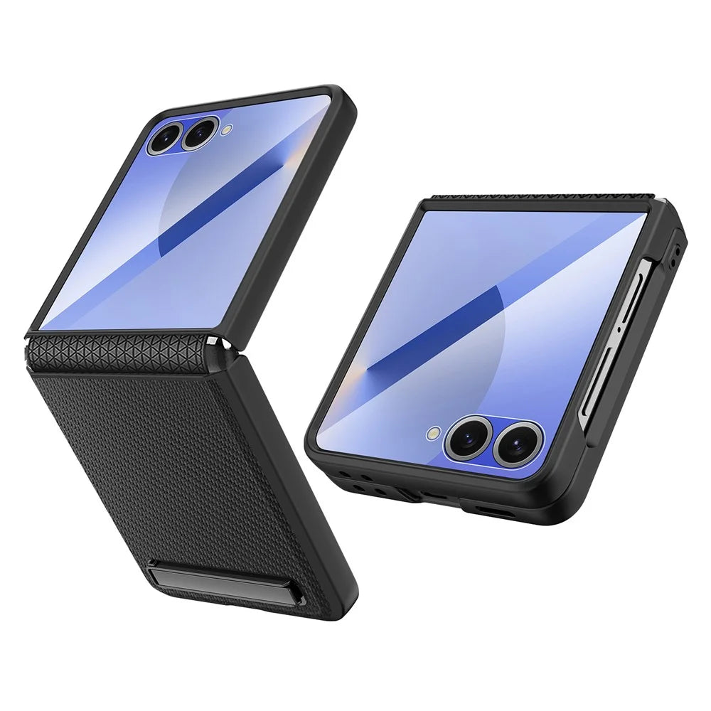 For Samsung Galaxy Z Flip7 5G Case Kickstand PC+PU Phone Cover with Screen  /  Lens Film - Wheat Black - 1