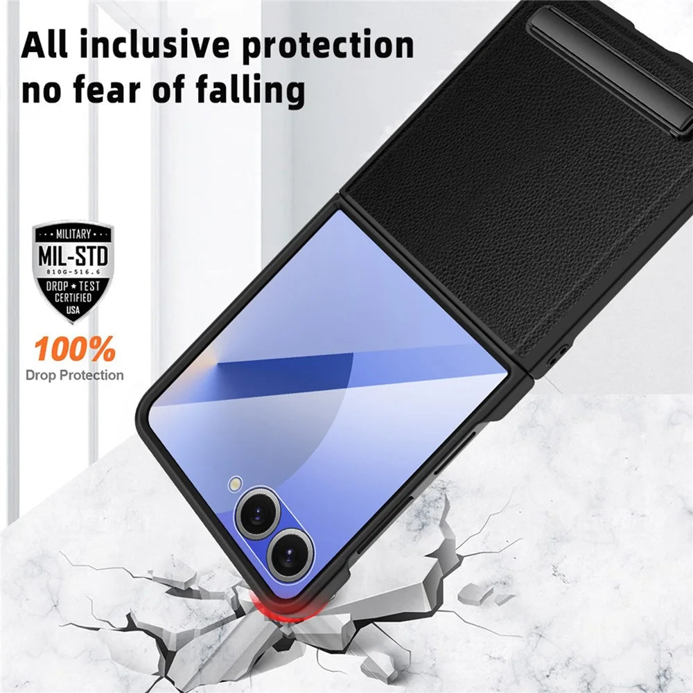 For Samsung Galaxy Z Flip7 5G Case Kickstand PC+PU Phone Cover with Screen  /  Lens Film - Wheat Black - 3