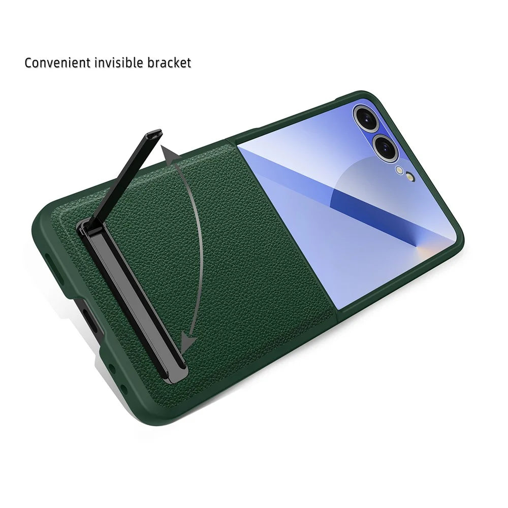 For Samsung Galaxy Z Flip7 5G Case Kickstand PC+PU Phone Cover with Screen  /  Lens Film - Wheat Black - 4
