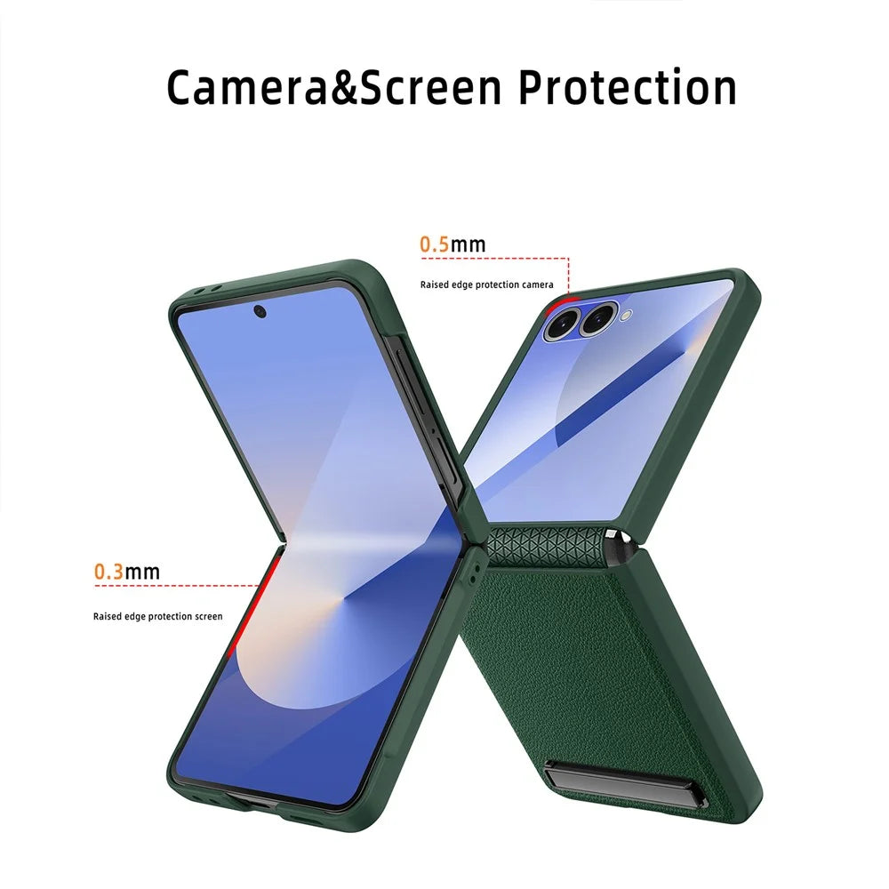 For Samsung Galaxy Z Flip7 5G Case Kickstand PC+PU Phone Cover with Screen  /  Lens Film - Wheat Black - 5