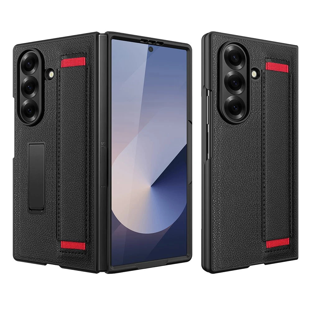 For Samsung Galaxy Z Fold7 5G Case Litchi Texture PU+PC Wristband Phone Cover with Screen  /  Lens Film - Black  /  Red - 1