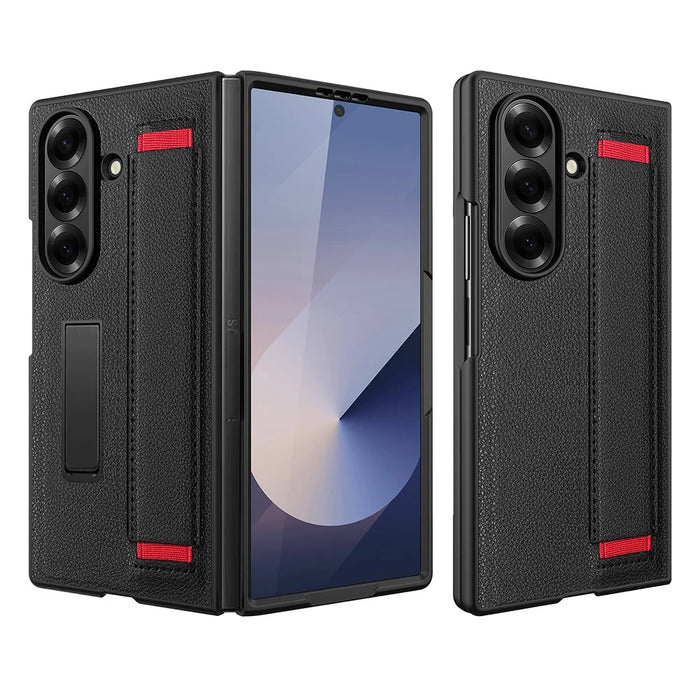 For Samsung Galaxy Z Fold7 5G Case Litchi Texture PU+PC Wristband Phone Cover with Screen  /  Lens Film - Black  /  Red - 1