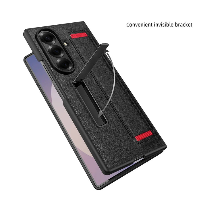 For Samsung Galaxy Z Fold7 5G Case Litchi Texture PU+PC Wristband Phone Cover with Screen  /  Lens Film - Black  /  Red - 2