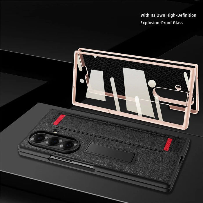 For Samsung Galaxy Z Fold7 5G Case Litchi Texture PU+PC Wristband Phone Cover with Screen  /  Lens Film - Black  /  Red - 3