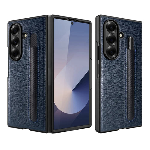 For Samsung Galaxy Z Fold7 5G Case Pencil Holder Litchi Texture PU+PC Phone Cover with Screen Film - Blue - 1