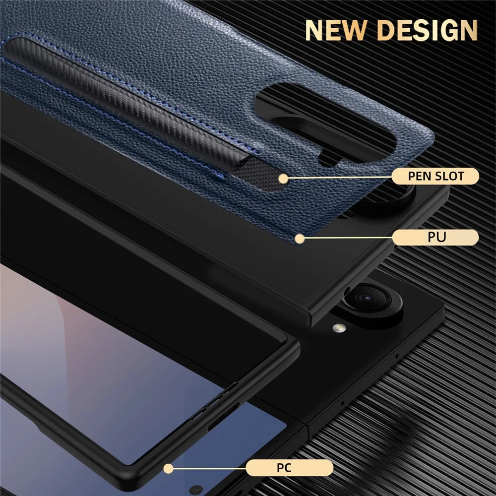 For Samsung Galaxy Z Fold7 5G Case Pencil Holder Litchi Texture PU+PC Phone Cover with Screen Film - Blue - 6
