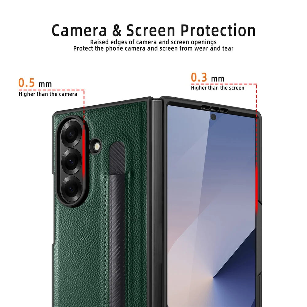 For Samsung Galaxy Z Fold7 5G Case Pencil Holder Litchi Texture PU+PC Phone Cover with Screen Film - Blue - 7