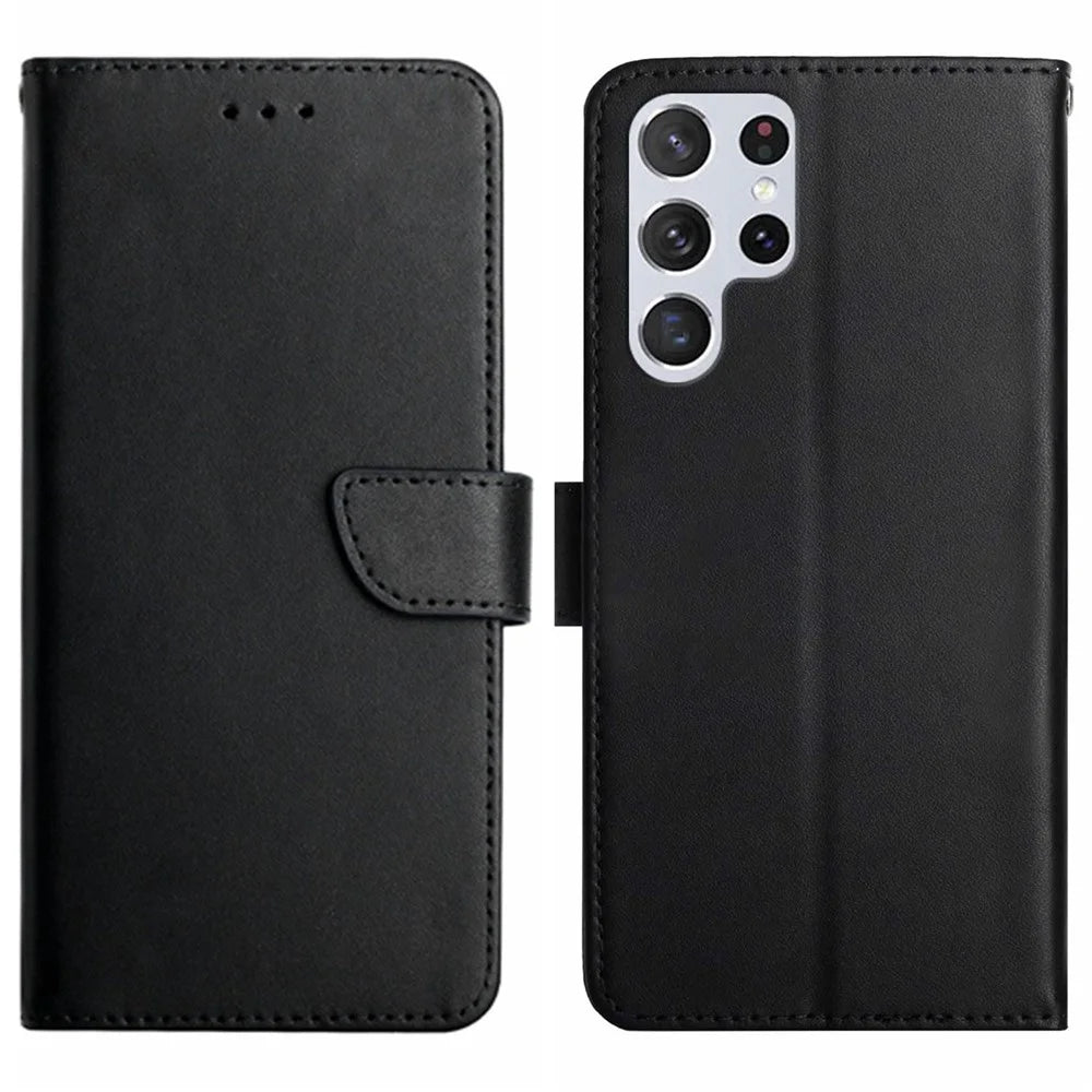 For Samsung Galaxy S23 Ultra HT02 Nappa Texture Genuine Leather Drop-proof Phone Case Stand Wallet Folio Flip Cover - Black - 1