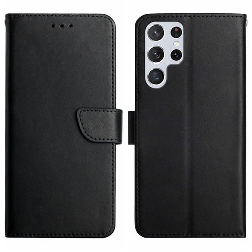 For Samsung Galaxy S23 Ultra HT02 Nappa Texture Genuine Leather Drop-proof Phone Case Stand Wallet Folio Flip Cover - Black - 1