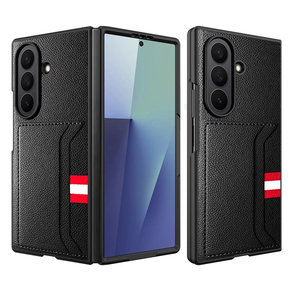For Samsung Galaxy Z Fold7 5G Case Litchi Texture PU+PC Phone Cover with Screen Film - Black - 1
