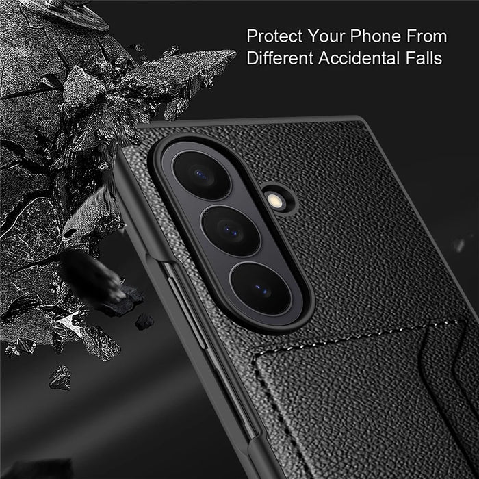 For Samsung Galaxy Z Fold7 5G Case Litchi Texture PU+PC Phone Cover with Screen Film - Black - 5