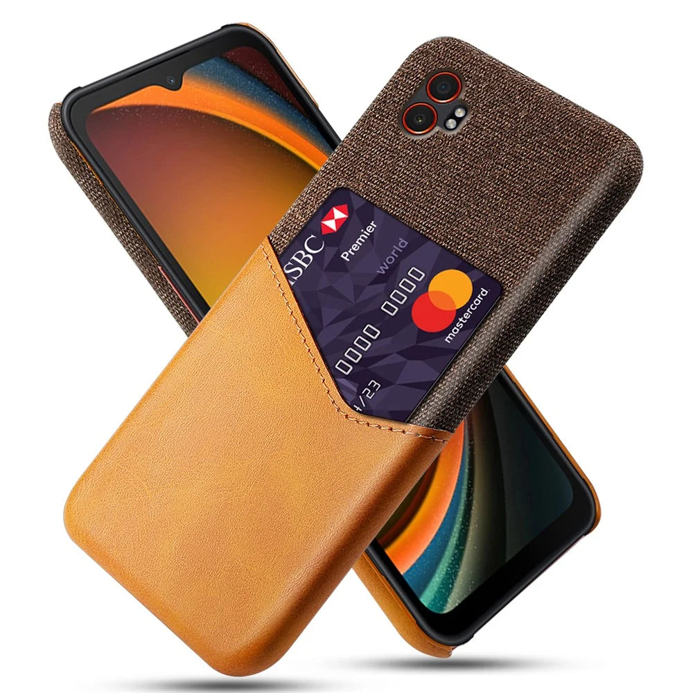 For Samsung Galaxy XCover7 Pro Case PU Leather Cloth Texture Hard PC Phone Cover with Card Holder - Orange - 1