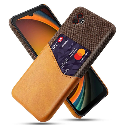 For Samsung Galaxy XCover7 Pro Case PU Leather Cloth Texture Hard PC Phone Cover with Card Holder - Orange - 1