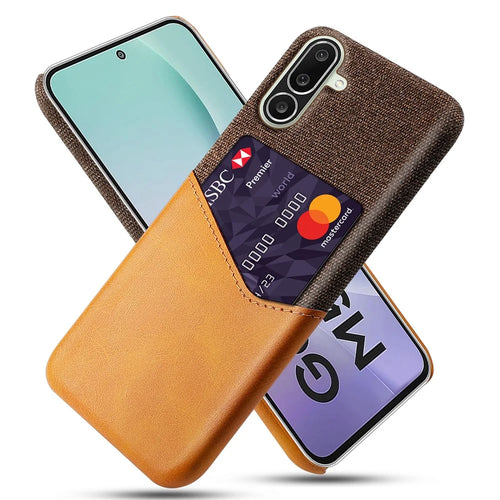 For Samsung Galaxy M56 5G Case PU Leather Cloth Texture Hard PC Phone Cover with Card Holder - Orange - 1