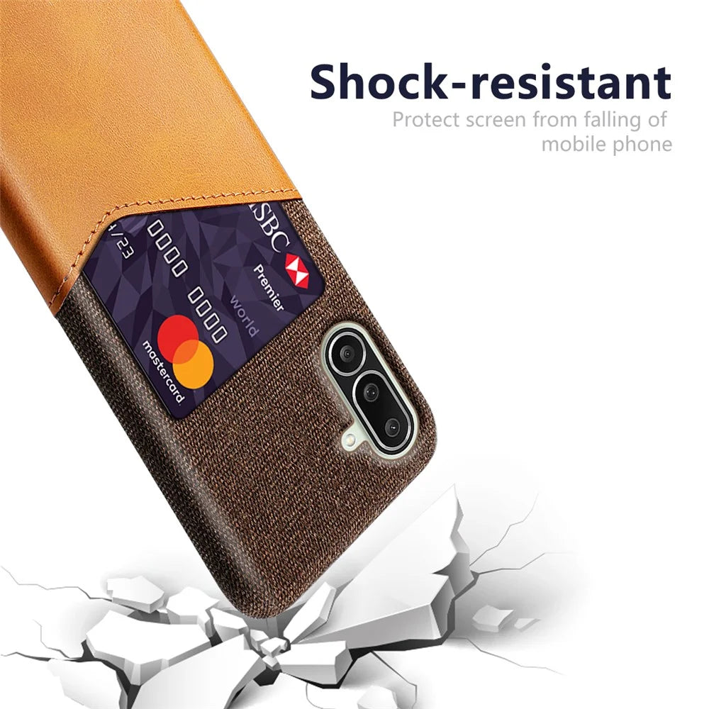 For Samsung Galaxy M56 5G Case PU Leather Cloth Texture Hard PC Phone Cover with Card Holder - Orange - 2